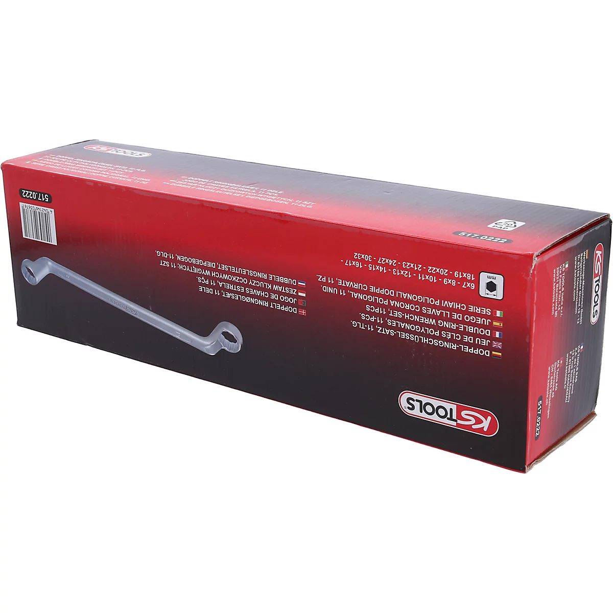 Eine rechteckige Verpackung mit einer abgebildeten Ringschlüssel. Die Verpackung hat rote und schwarze Farbtöne, sowie Logos und Text.